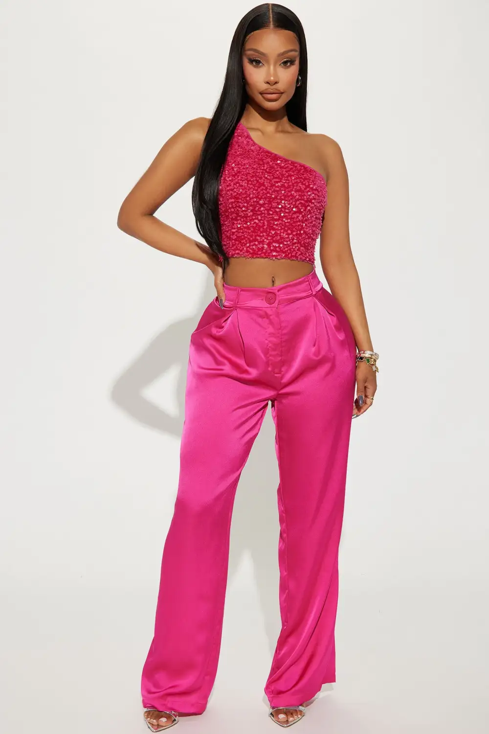Sophia Sequin One Shoulder Top - Hot Pink