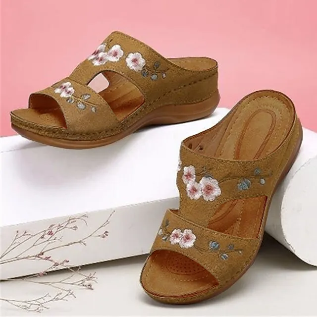 Women's Sandals Comfort Shoes Outdoor Slippers Outdoor Daily Summer Embroidery Wedge Heel Open Toe Casual Chinoiserie Walking Shoes Faux Leather Loafer Floral Black Red Brown