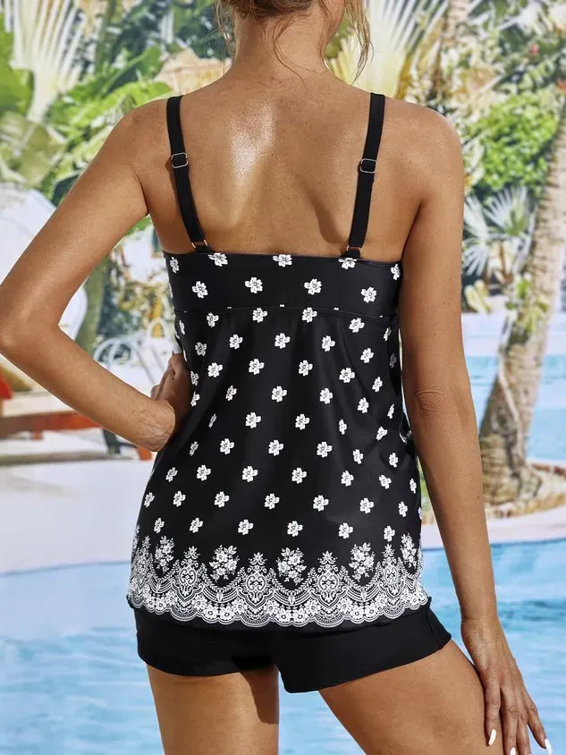 Vacation Ethnic Printing Scoop Neck Tankinis Two-Piece Set