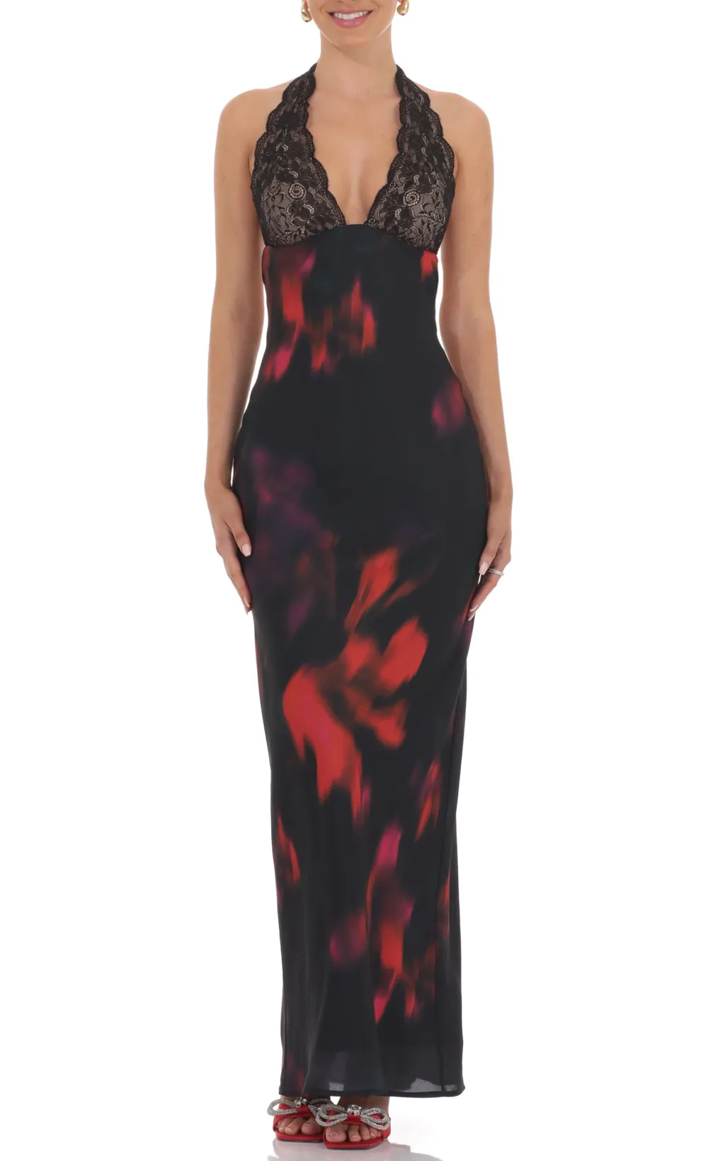 Swirl Lace Bust Maxi Dress in Multicolor Print