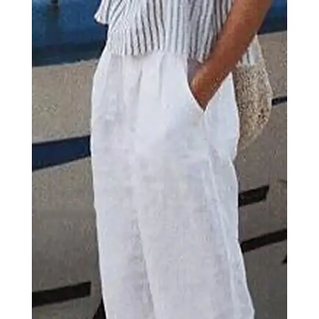 Women's Linen Pants Pants Trousers Baggy Full Length Cotton And Linen Side Pockets Baggy Fashion Casual Daily Dark Yellow Black S M