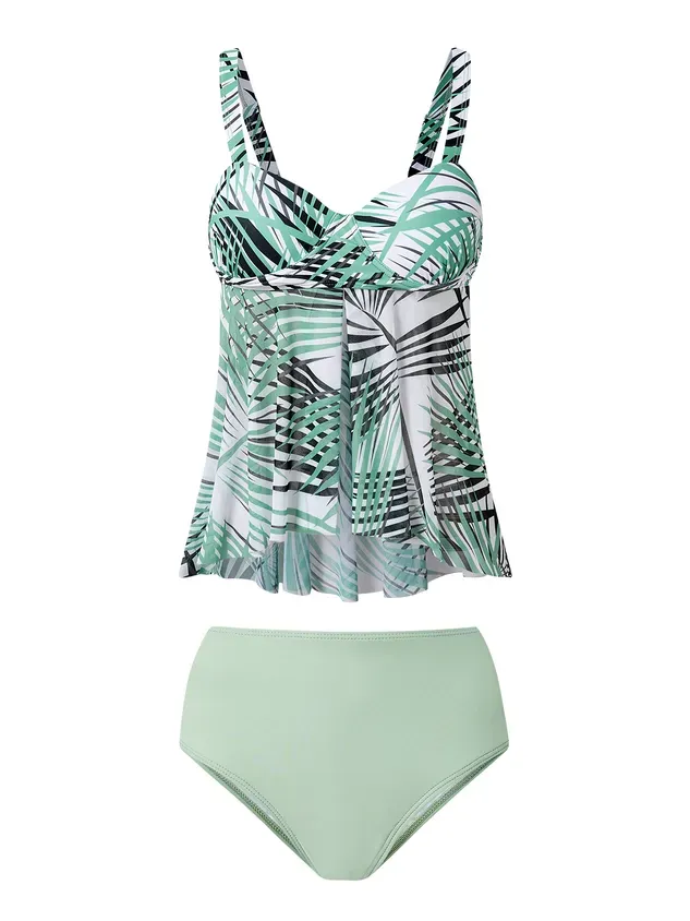 Vacation Floral Printing Scoop Neck Tankinis Two-Piece Set