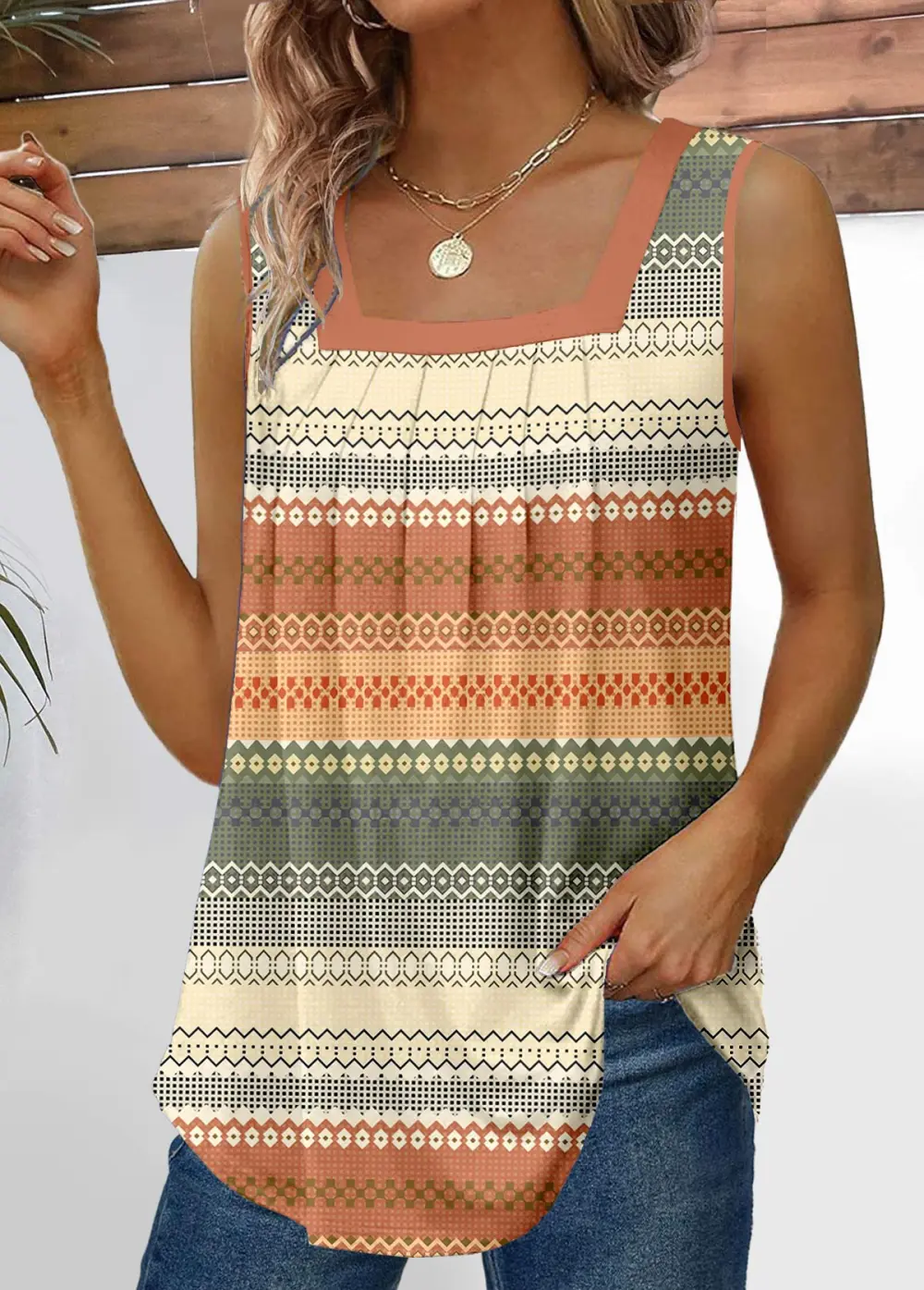 Multi Color Pleated Striped Square Neck Tank Top