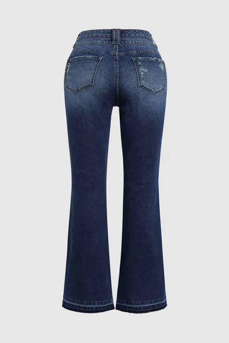 Dual Button Ripped Raw Hem High Rise Bootcut Jeans