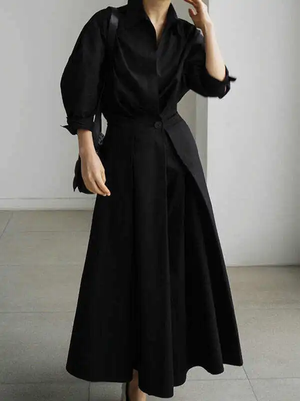 Original Solid Color Lapel Long Sleeves Midi Dress