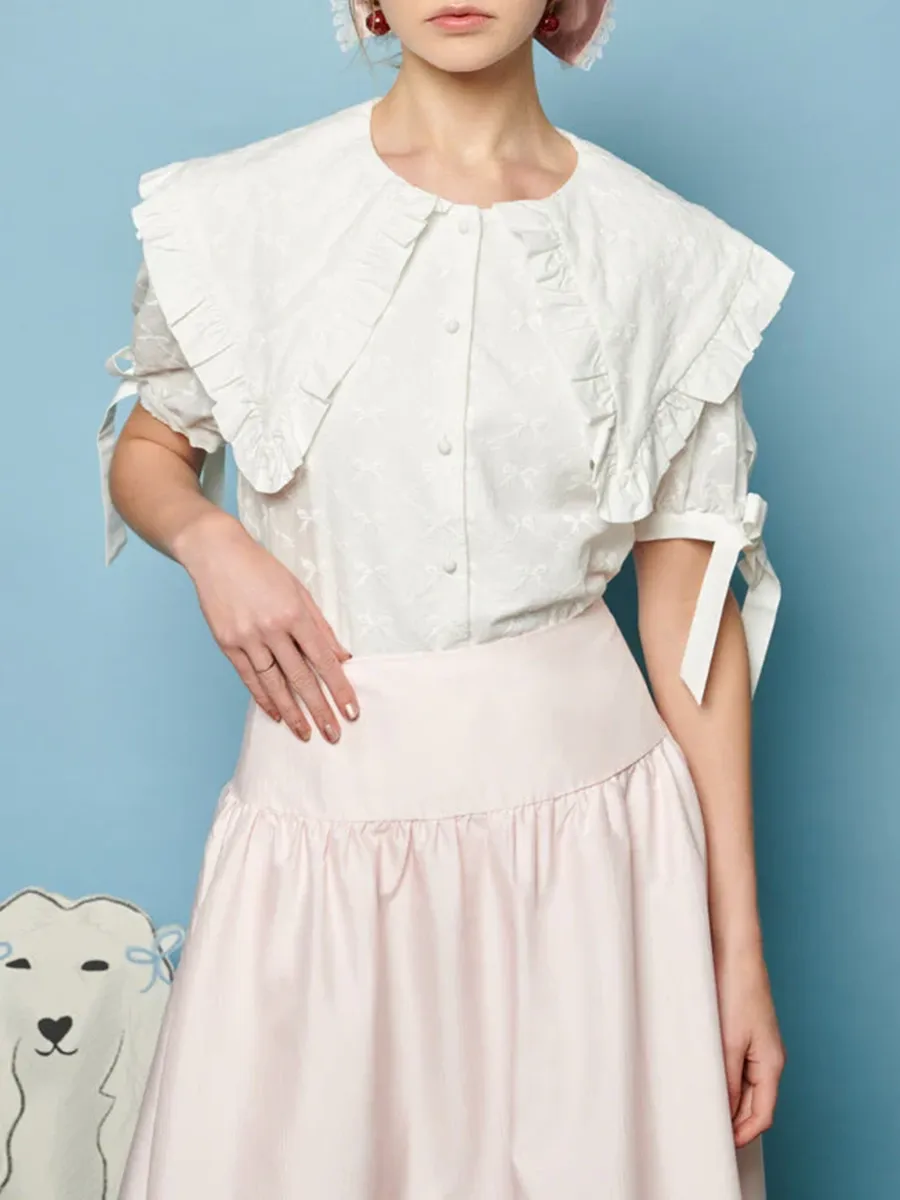 Bow Embroidered Crew Neck Blouse