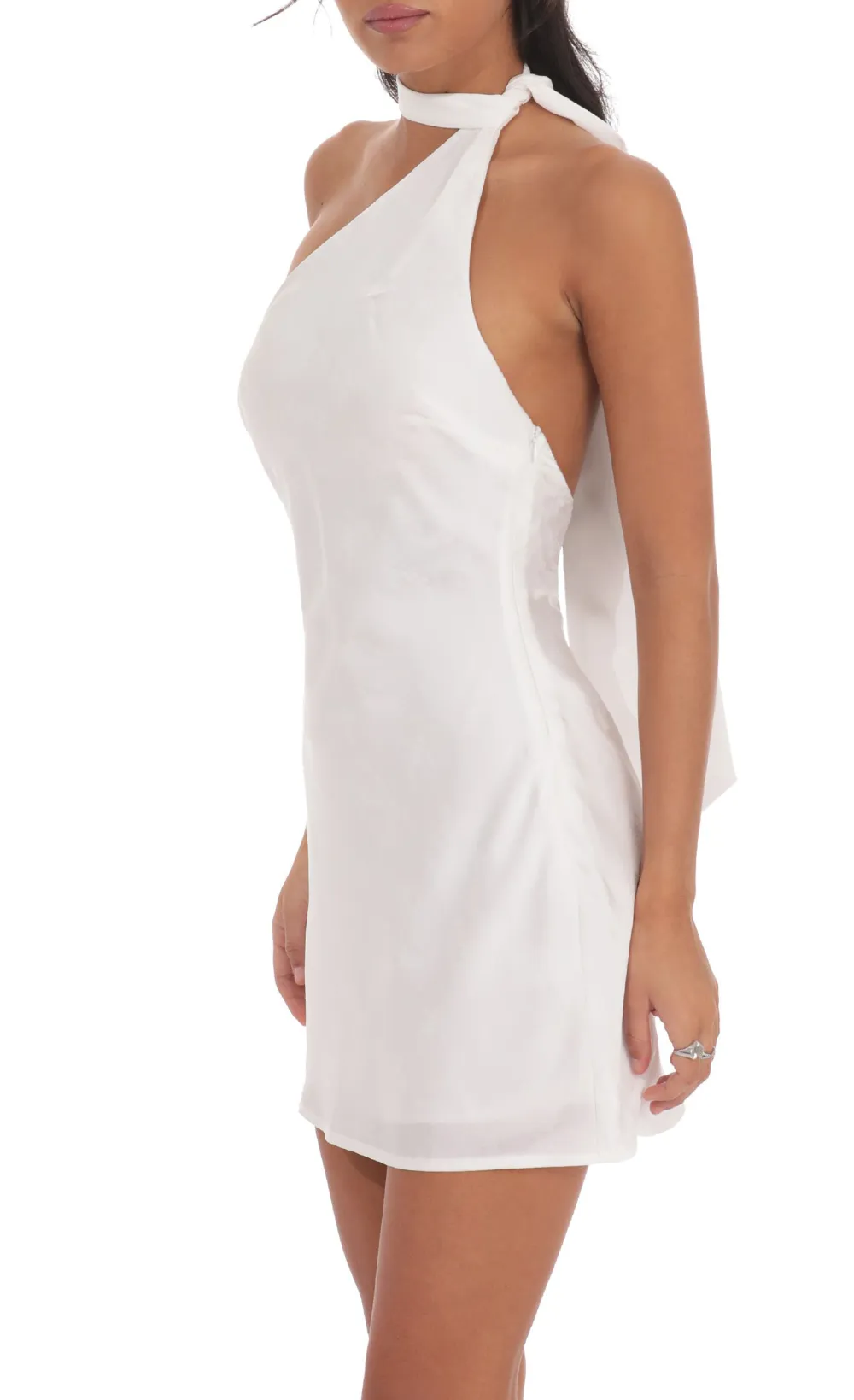 Satin Jacquard Scarf Halter Dress in White