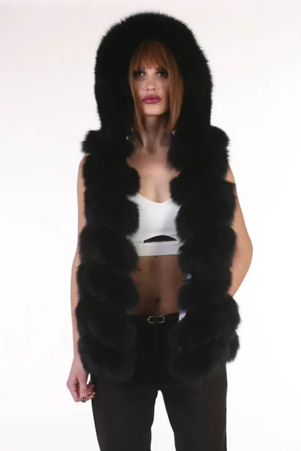 Black  Fox Fur vest hooded Women’s