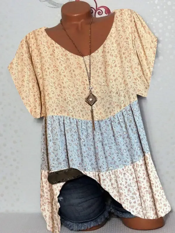 Women Short Sleeve Scoop Neck Floral Printed Stitching Top