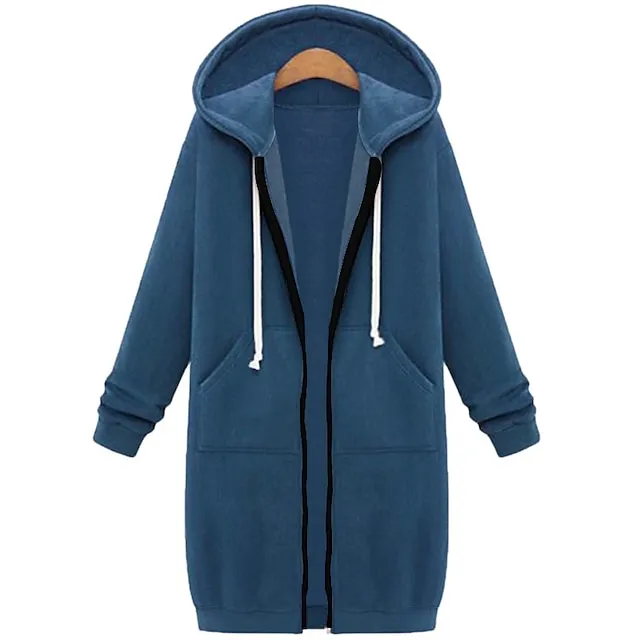 Women's Casual Jacket Fall Hoodie Jacket Warm Windproof Long Coat with Pocket Full Zip Sport Plain Coat Regular Fit Outerwear Long Sleeve Winter Black Blue Pink XL XXL