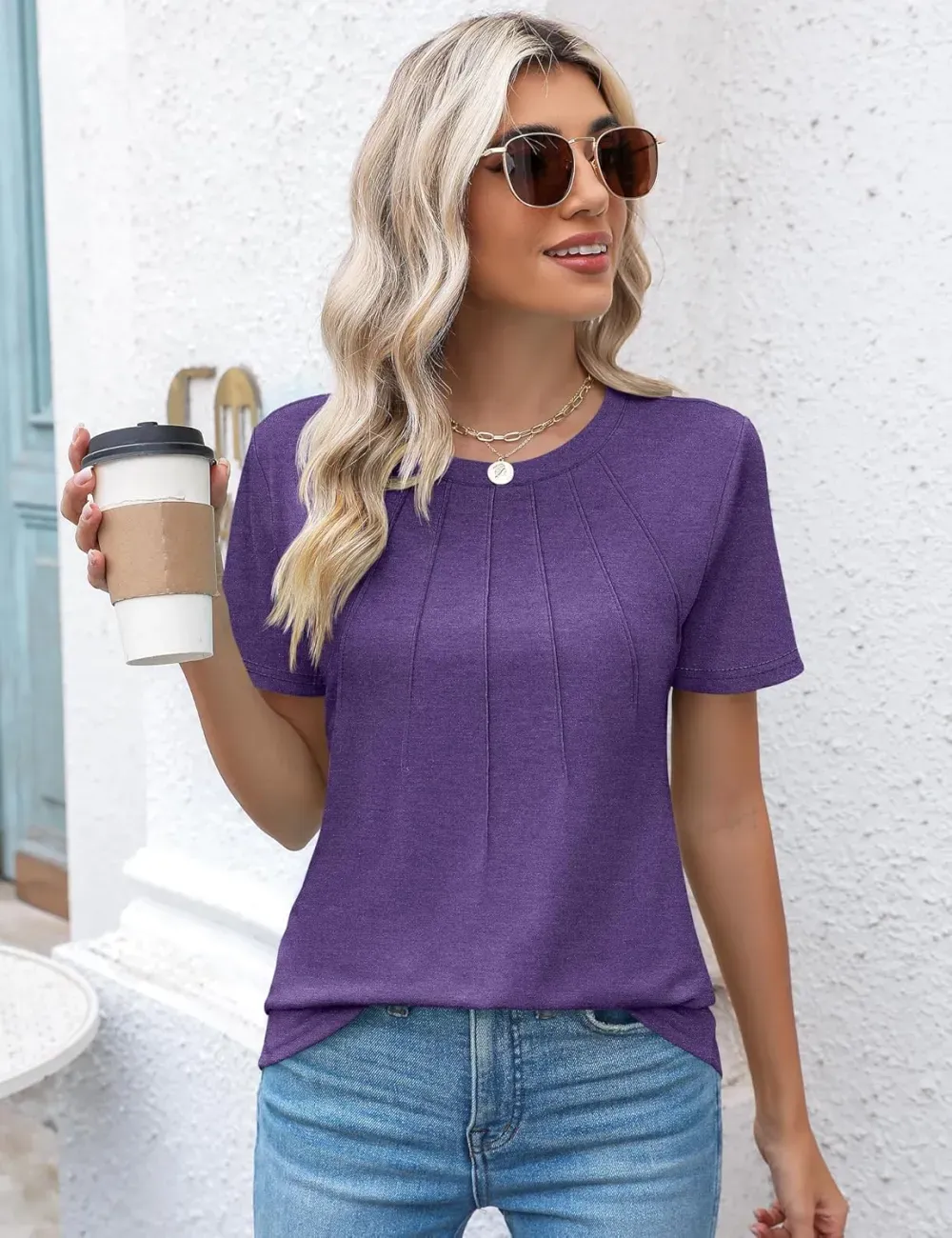 Kistore Womens Casual Crew Neck Short Sleeve Pleated Tops Blouses Fashion Clothes 2024