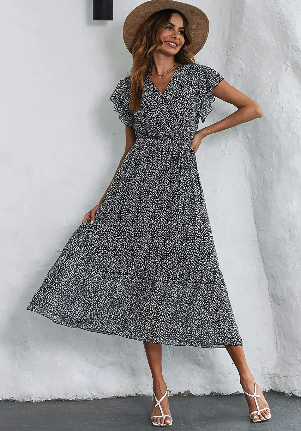 Women Summer Bohemian Floral Casual Wrap V Neck Ruffle Cap Sleeveless Belt A-Line Pleated Hem Swing Midi Sun Dress