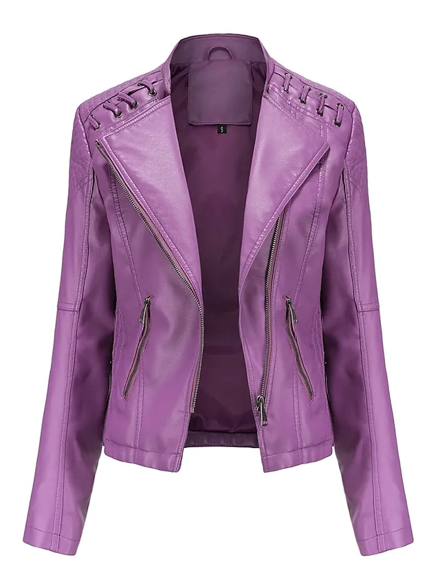 Women's  Faux Leather Jacket Moto Biker Jacket Fall Waterproof Windproof Coat Winter Zipper Lapel Modern Outerwear Long Sleeve Causal Vacation