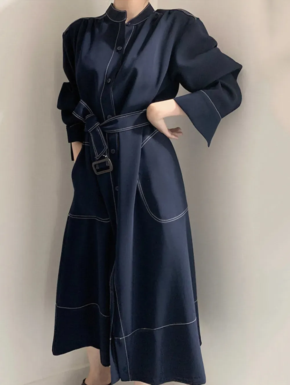 Casual Denim Quilted Stand Collar Lace Up Midi Dress