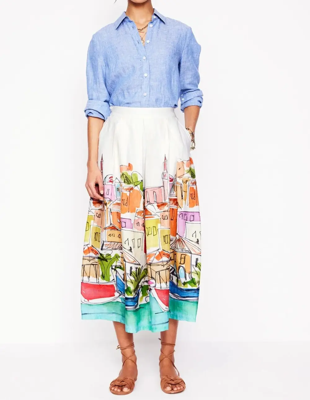 Multi  Rainbow Village Linen Midi Skirt