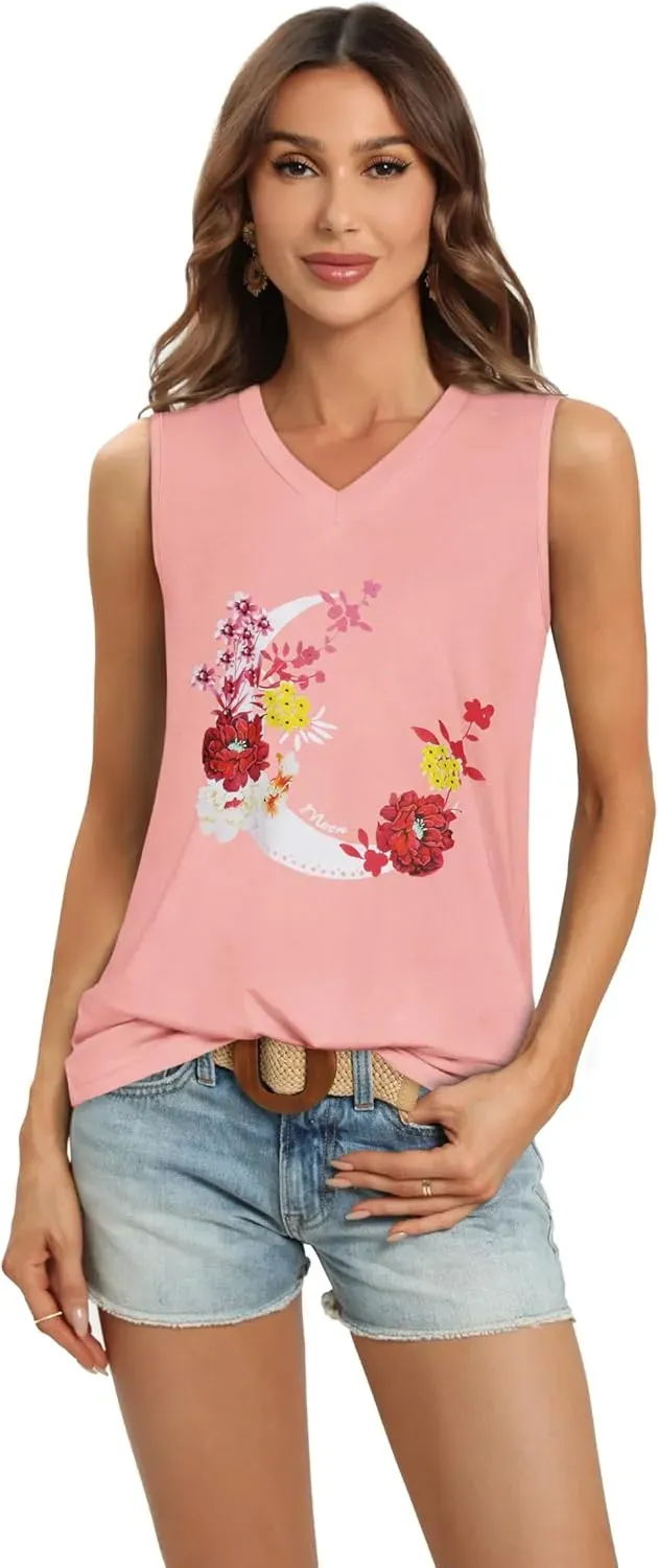 Summer Tops for Women Sleeveless V Neck Tshirt Loose Fit Casual Tank Tunic Blouse