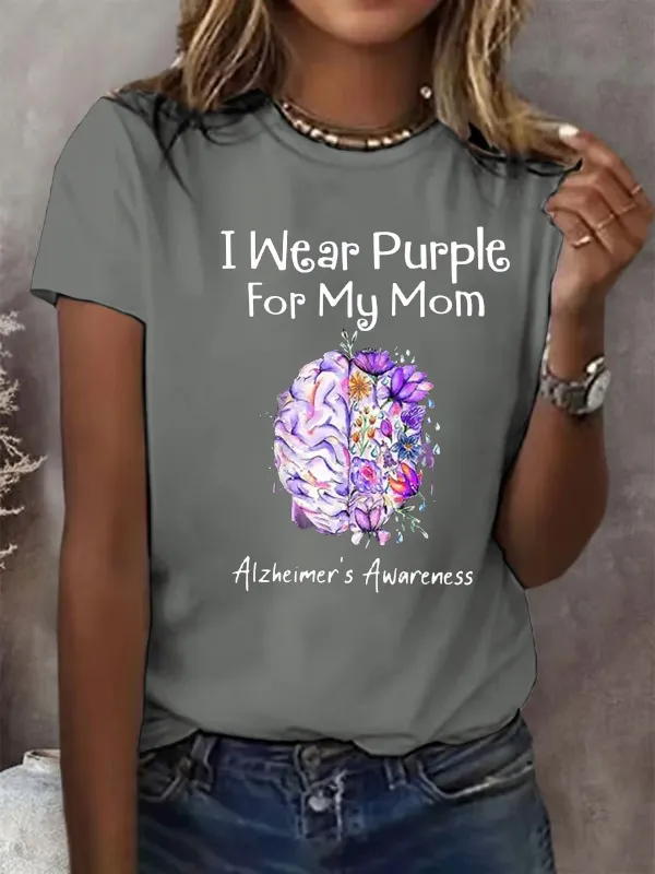 Women'S I Wear Purple For My Mom Alzheimer'S Awareness Support Round Collar Tee