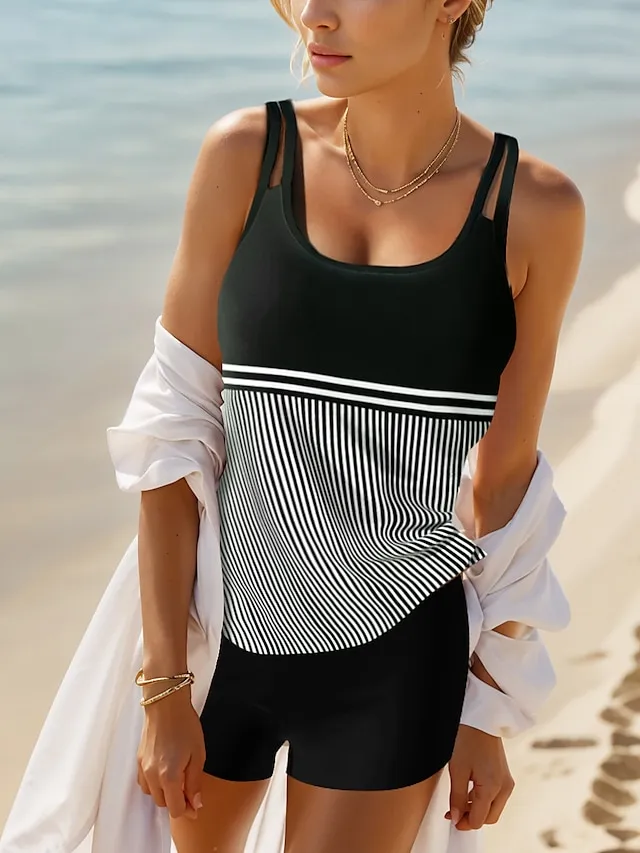 Women's Swimwear Tankini 2 Piece Normal Swimsuit 2 Piece Printing Stripe Geometic Black White Blue Camisole Strap Bathing Suits Sports Vacation Beach Wear