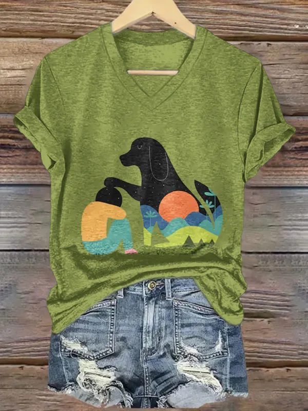 Woman's Puppies And People V-Neck And Short Sleeves T-Shirt