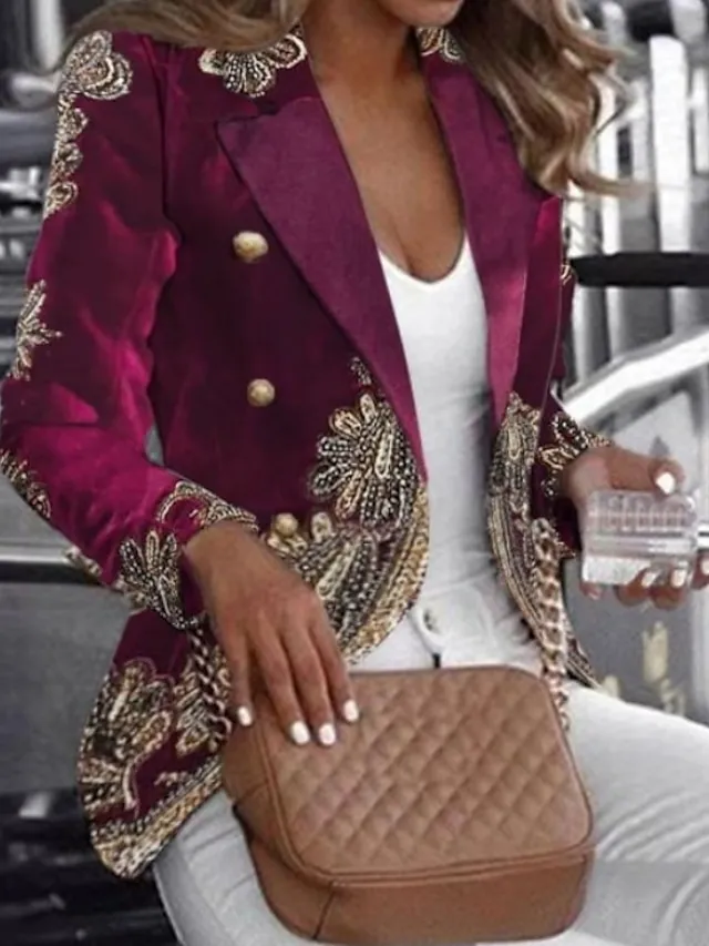 Women's Blazer Lightweight Comfortable School Xmas Party Office Christmas Print Open Front Lapel Contemporary OL Style Baroque career Print Regular Fit Outerwear Long Sleeve Spring Fall Purple S