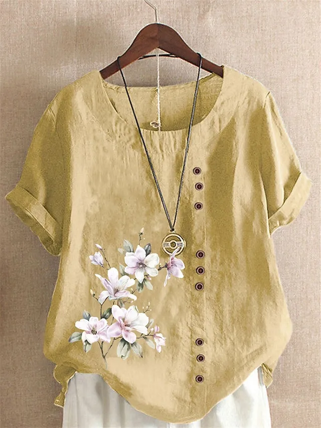 Women's Shirt Linen Shirt Blouse Cotton Linen Floral White Yellow Pink Button Print Short Sleeve Daily Vacation Going out Vintage Holiday Casual Crew Neck Regular Fit Summer Spring