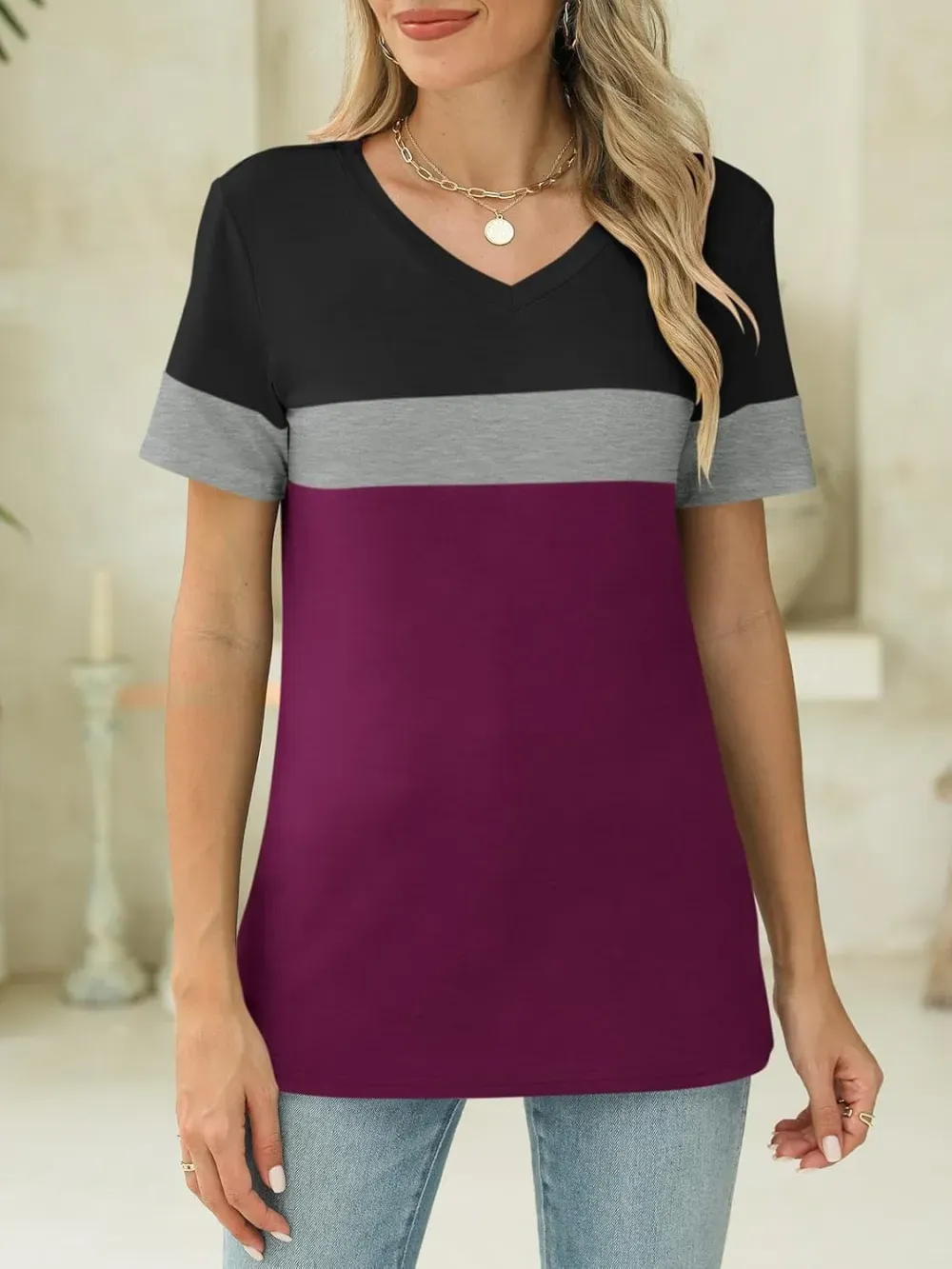 ORANDESIGNE Women's Color Block Short Sleeve T Shirts Casual V Neck Summer Tops Tees Loose Fit Blouses