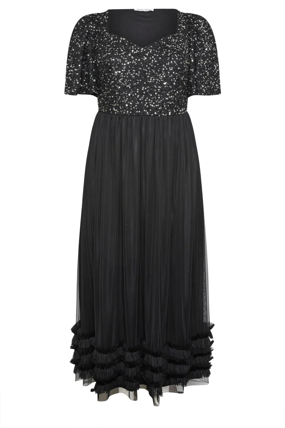 LUXE Curve Black Sequin Sweetheart Ruffle Maxi Dress