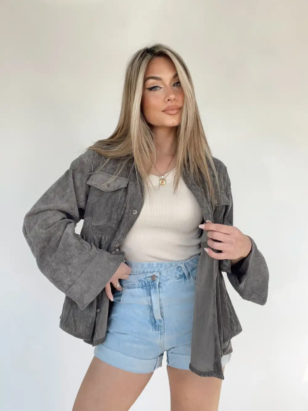 Charcoal Corduroy Peplum Top