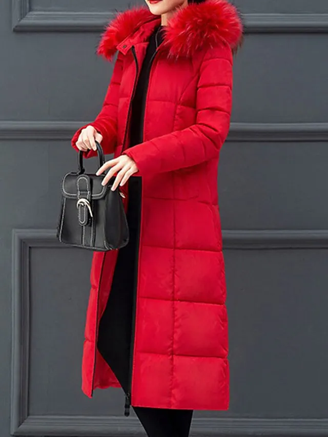 Women's Puffer Jacket Winter Jacket Winter Coat Hoodie Jacket Street Daily Valentine's Day Fall Winter Long Coat Regular Fit Warm Casual Jacket Long Sleeve Plain Full Zip Black Red Blue