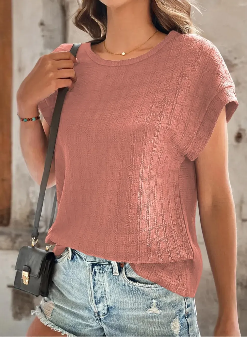 Dokotoo Tops for Women Trendy Summer Casual Cap Short Sleeve Basic Textured Solid Color Round Neck T Shirts Blouse