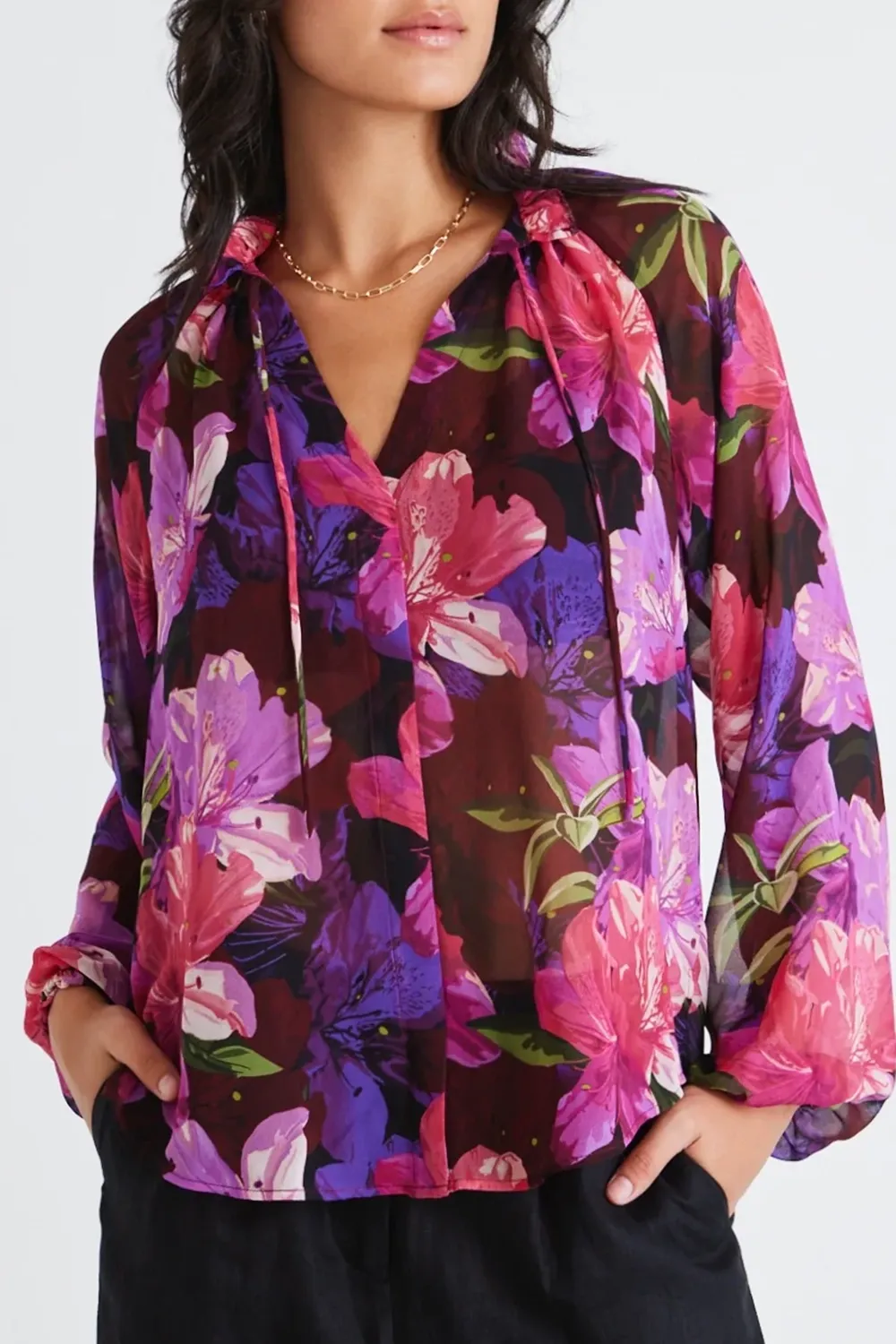 Purple Orchids Georgette Long - Sleeve Blouse