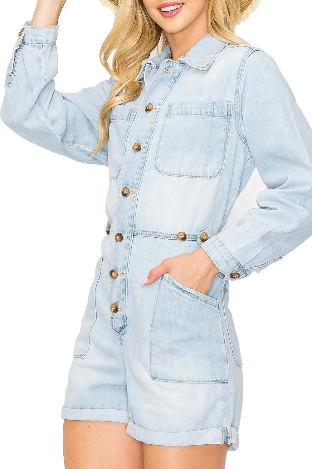 Front Button Long Sleeve Jumpsuit