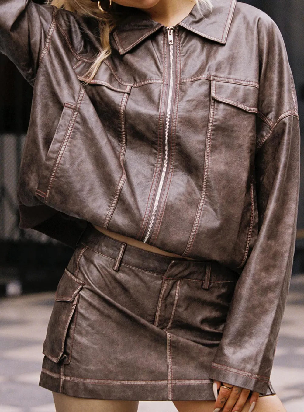 Brown Faux Leather Bomber Jacket