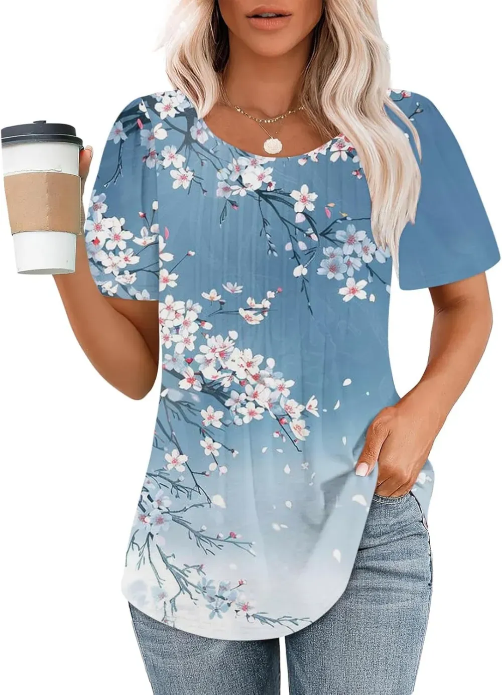 Womens Summer Pleated Front Shirts Tunics Casual Short Sleeved Loose Round Neck Boho Printed Tops Vacation Blouse