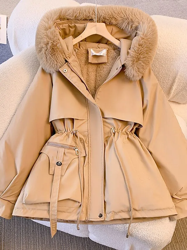 Women's Puffer Jacket Winter Fleece Parka with Collar Drawstring Zipper Coat Windproof Warm Hoodie Jacket with Pockets Fashion Street Outerwear Brown Black Khaki