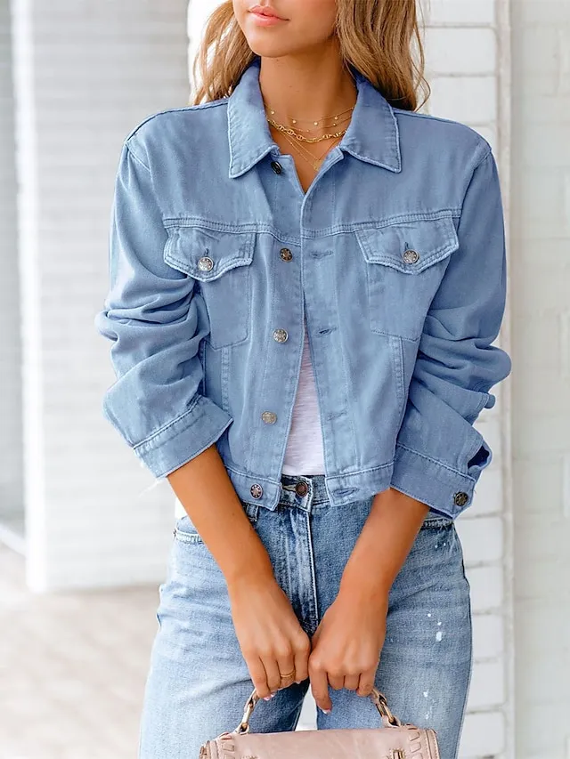 Women's Denim Jacket Outdoor Button Plain Breathable Fashion Regular Fit Outerwear Long Sleeve Fall Light Blue S