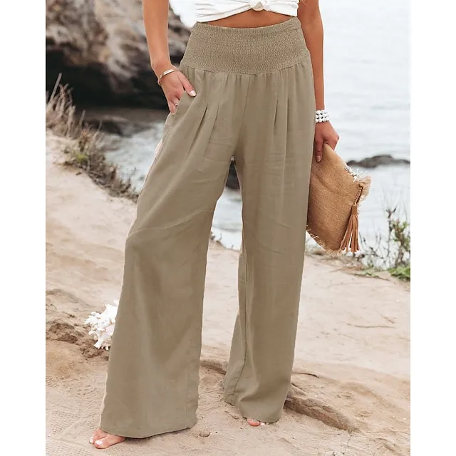 Women‘s Casual Fashion Culottes Wide Leg Chinos Wide Leg Side Pockets Cotton Linen Full Length Pants Casual Weekend Micro-elastic Chinese Style Comfort Mid Waist White Black Khaki S M L XL XXL