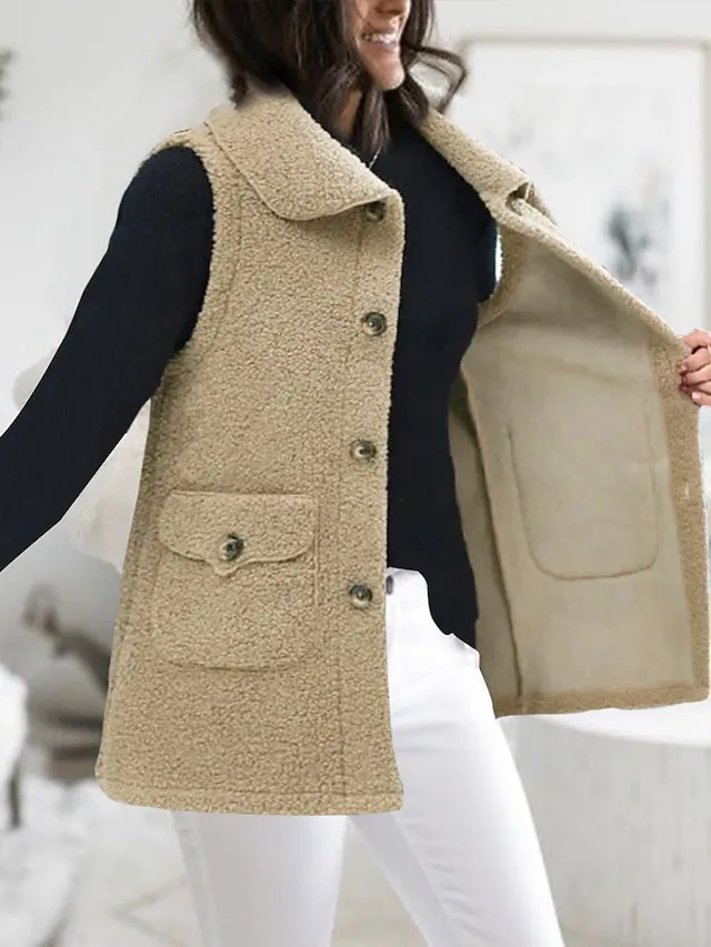 Women's Teddy Vest Long Teddy Coat Fall Sherpa Jacket Fleece Warm Zipper Vest with Pockets Winter Long Coat Windproof Warm Modern Style Sleeveless Plain Pink Red Khaki