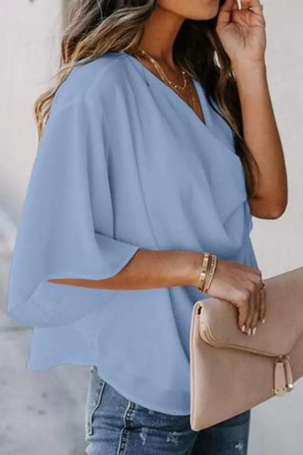 Solid Draped V-neck Half Sleeves Casual Blouse