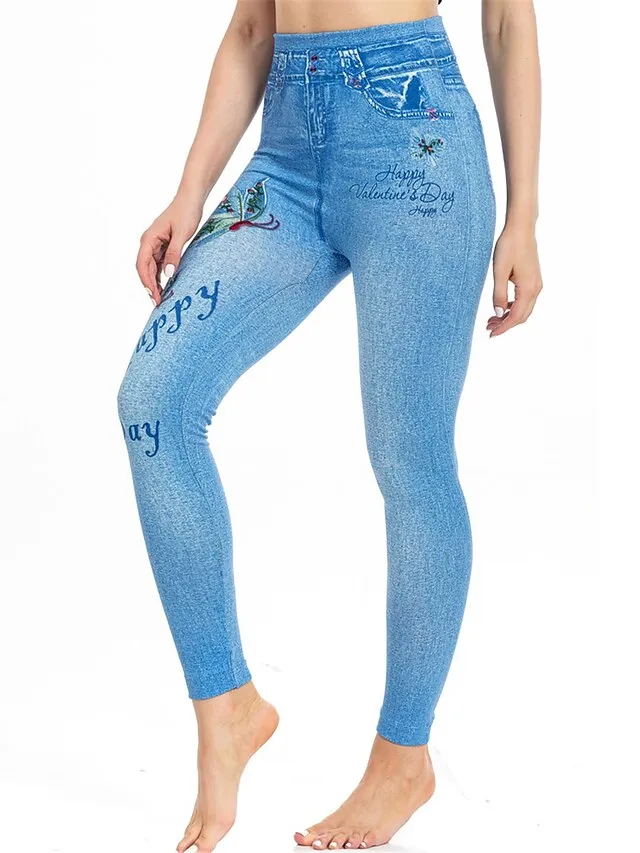 Women's Slim Pants Trousers Leggings Full Length Faux Denim Pocket High Cut High Elasticity High Waist Fashion Streetwear Street Causal Lake Blue Royal Blue S M Summer Fall