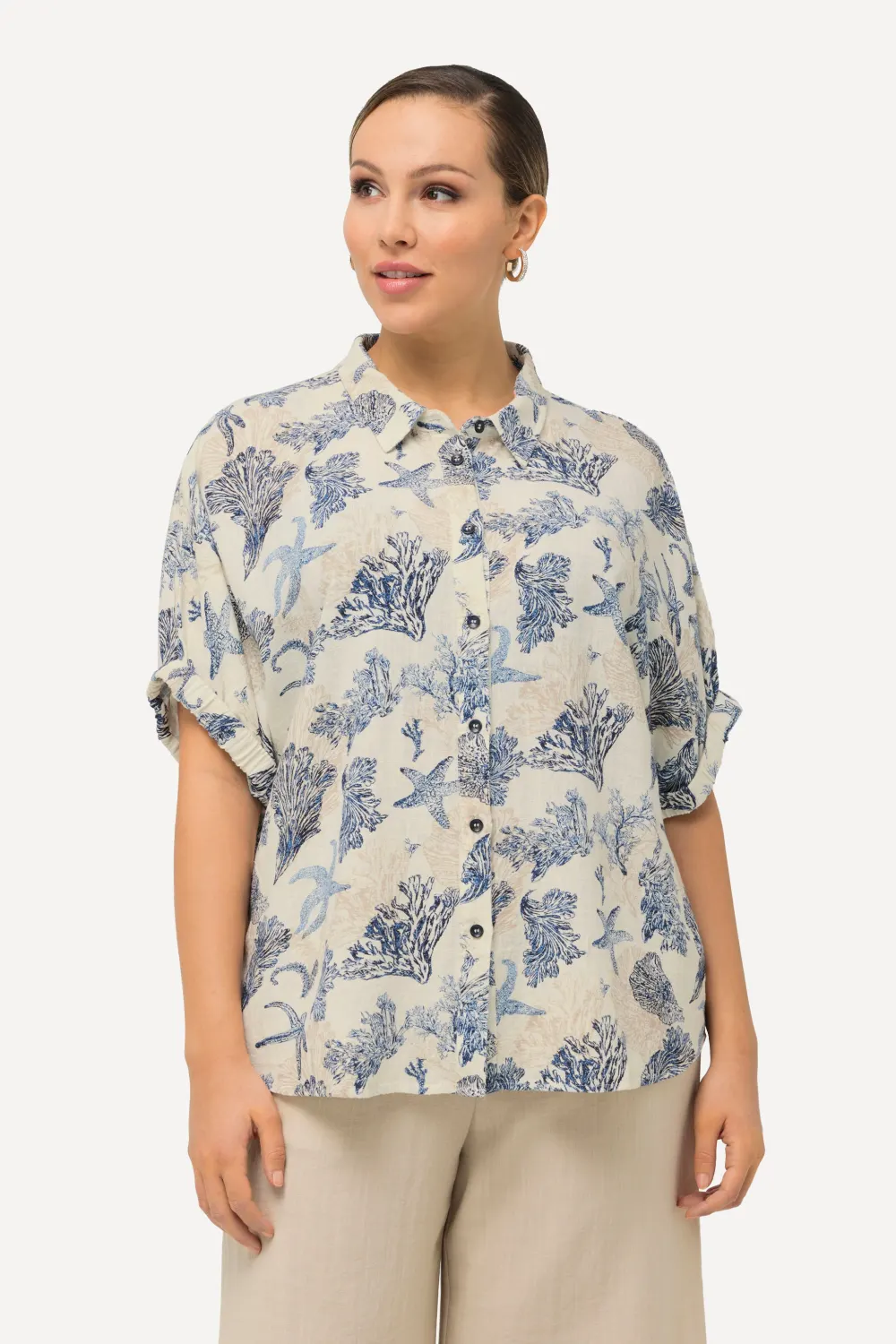 Bluse Leinenmix Muscheldruck Hemdkragen Halbarm