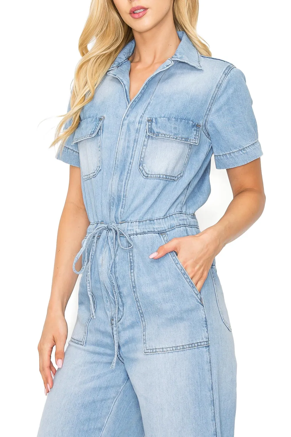 Light Wash Denim Short - Sleeve Jumpsuit