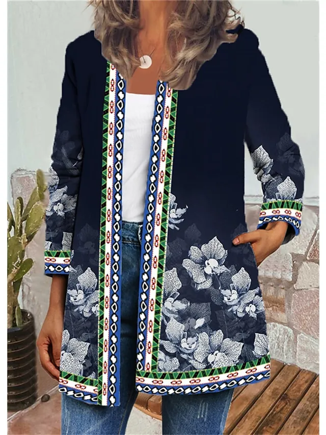 Women's Jacket Casual Jacket Floral Print Fall Regular Coat Round Neck Regular Fit Breathable Casual Jacket Long Sleeve Green Black Blue Daily Holiday
