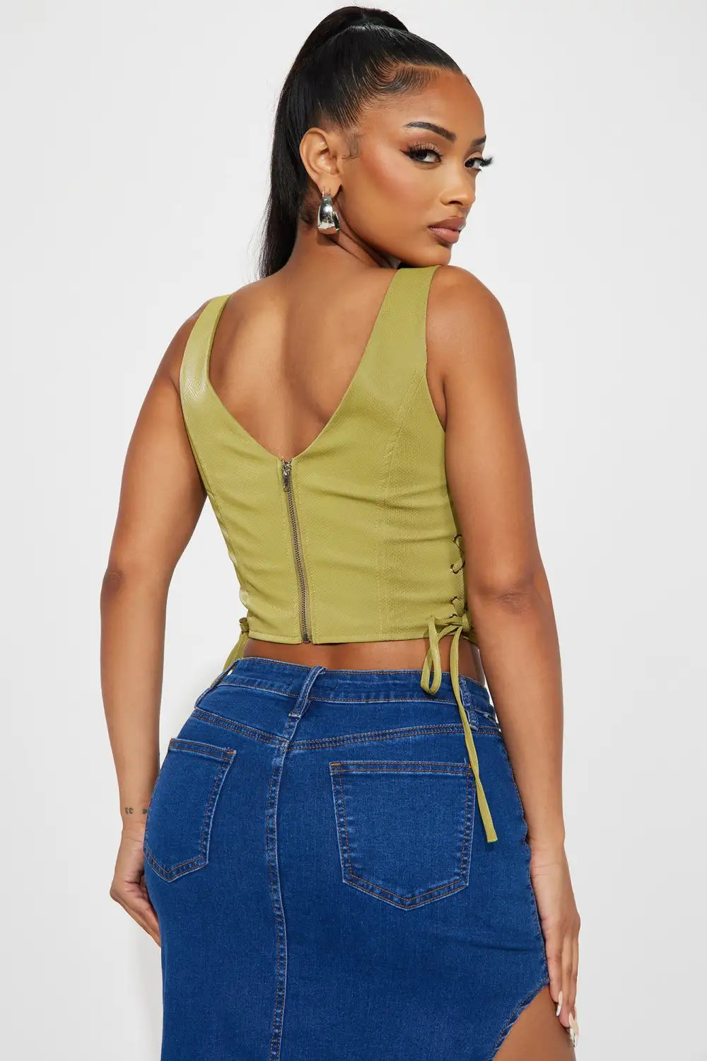 Maebri Faux Leather Corset Top - Chartreuse