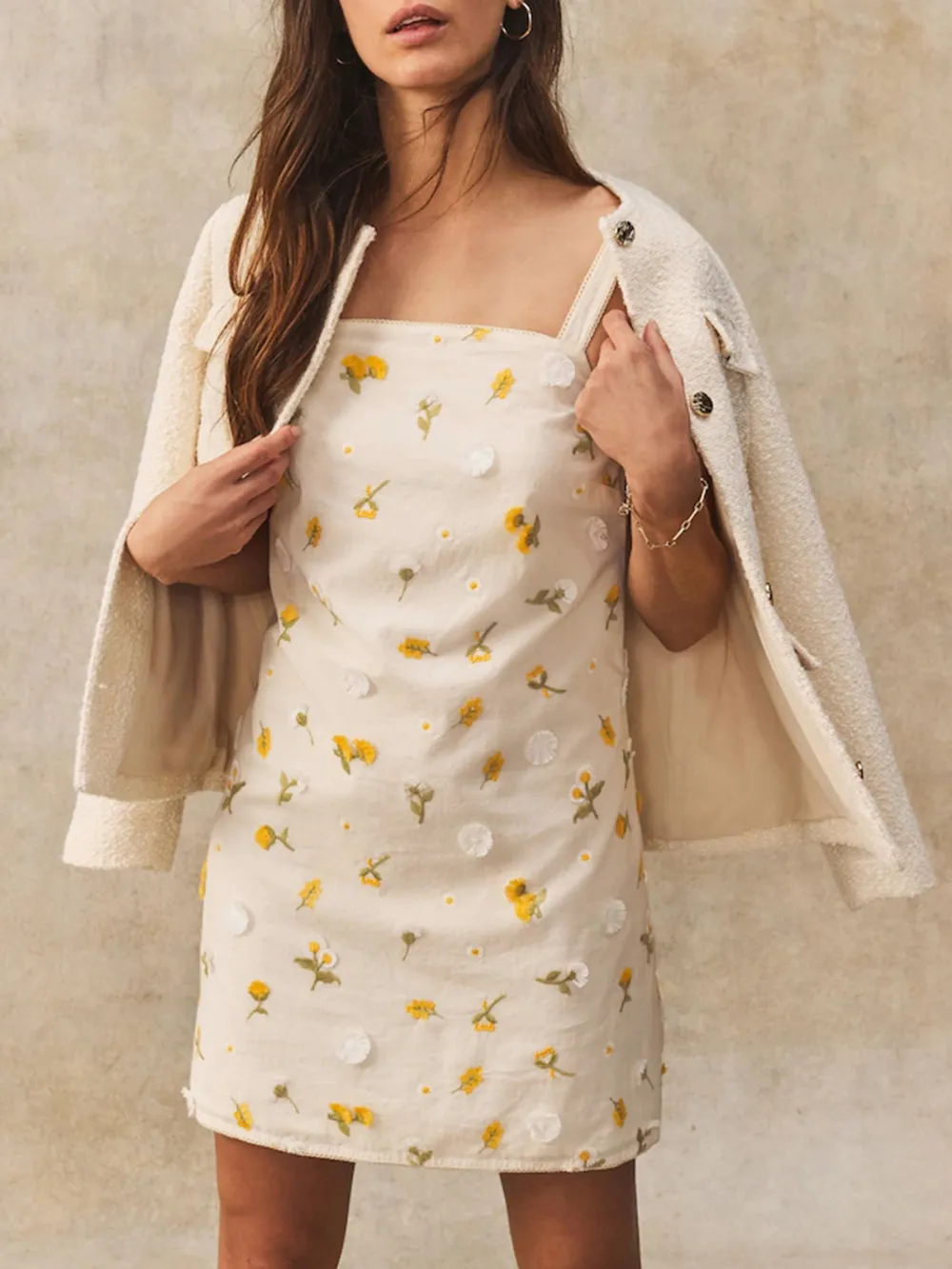 Summer Gentle Yellow Floral Embroidered Slim Dress