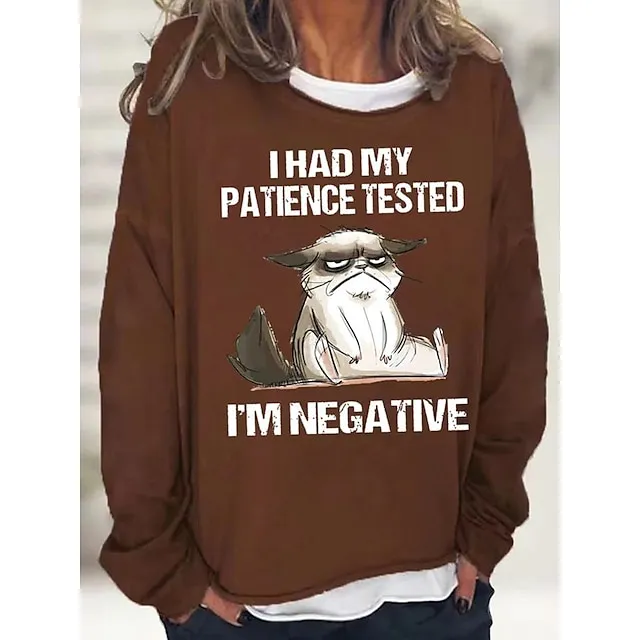 Women's Sweatshirt Pullover Active Sports Streetwear Black Pink Red Cat I HAD MY PATIENCE TESTED Oversized Sports Round Neck Long Sleeve Micro-elastic Fall & Winter