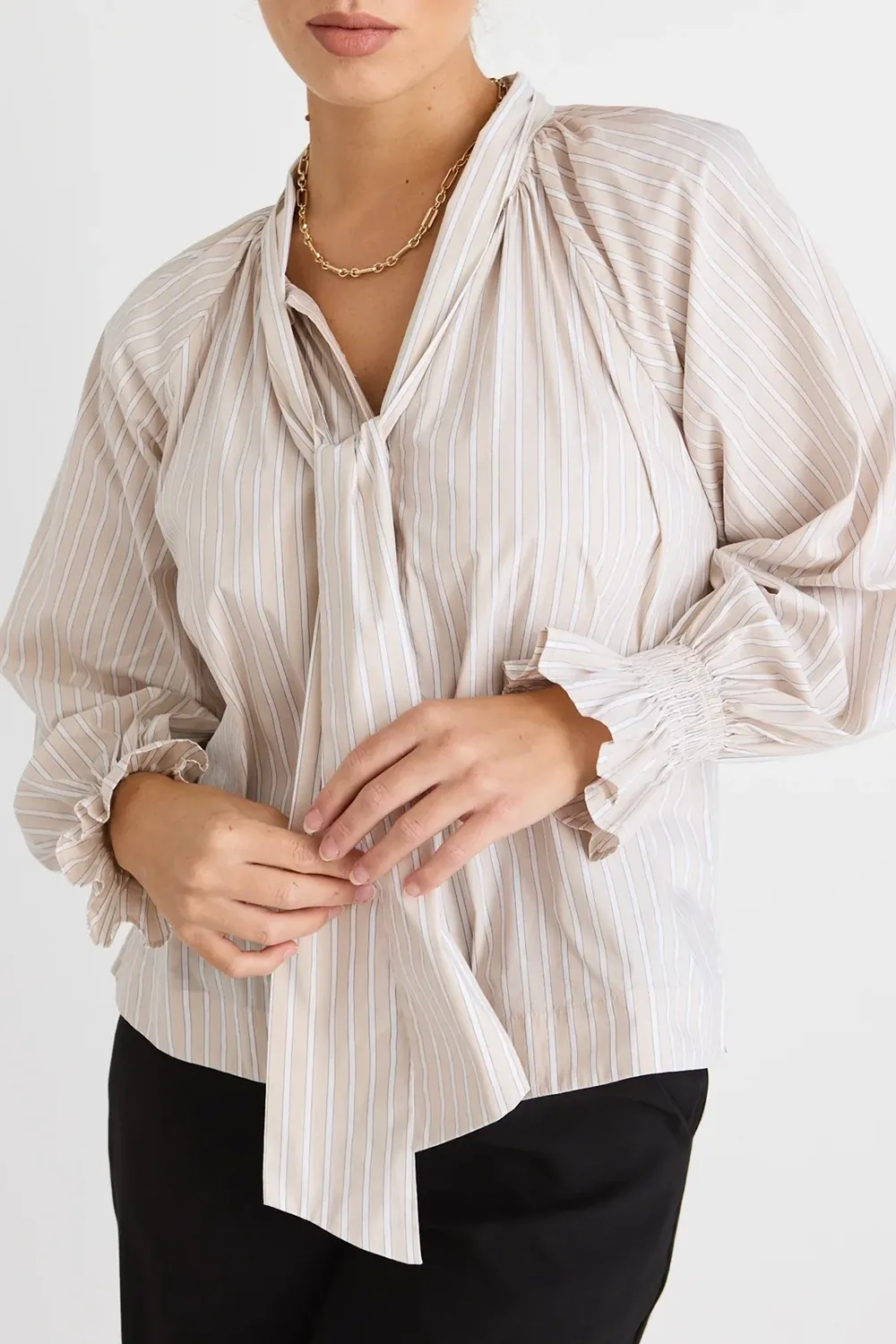 Beige Stripe Tie - Front Long - Sleeve