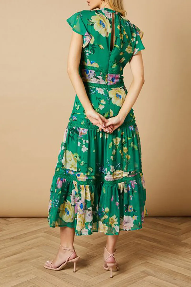 Casual Style Green Floral Printed Insert Dress