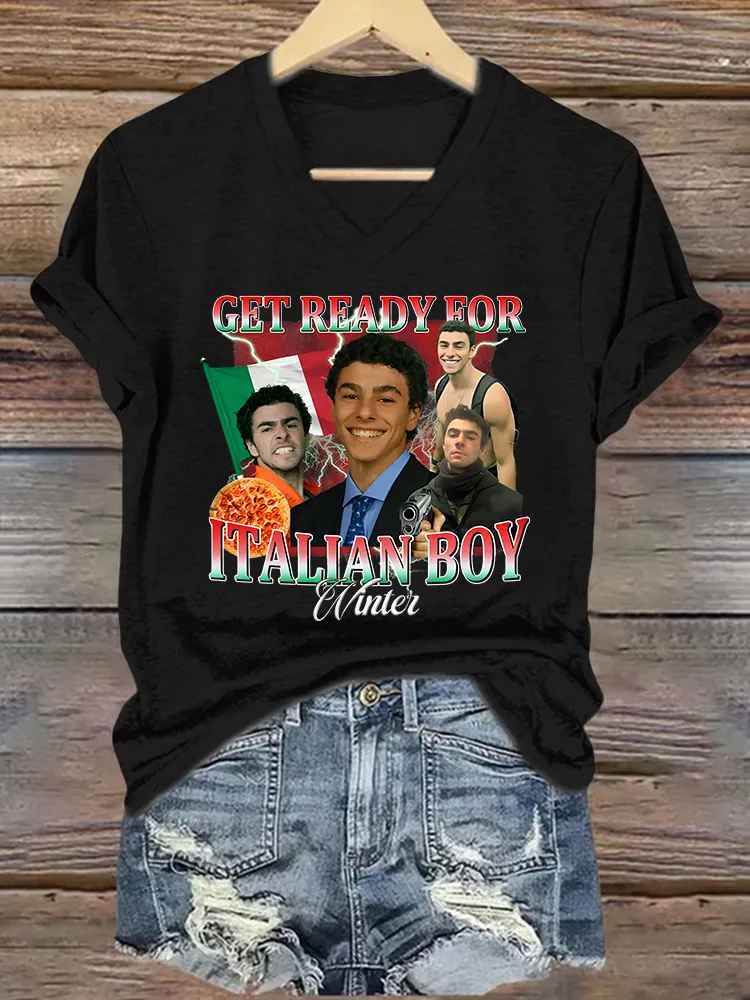 Women's Get Ready For Italian Boy Short Sleeves V-Neck Pure Cotton T-Shirt