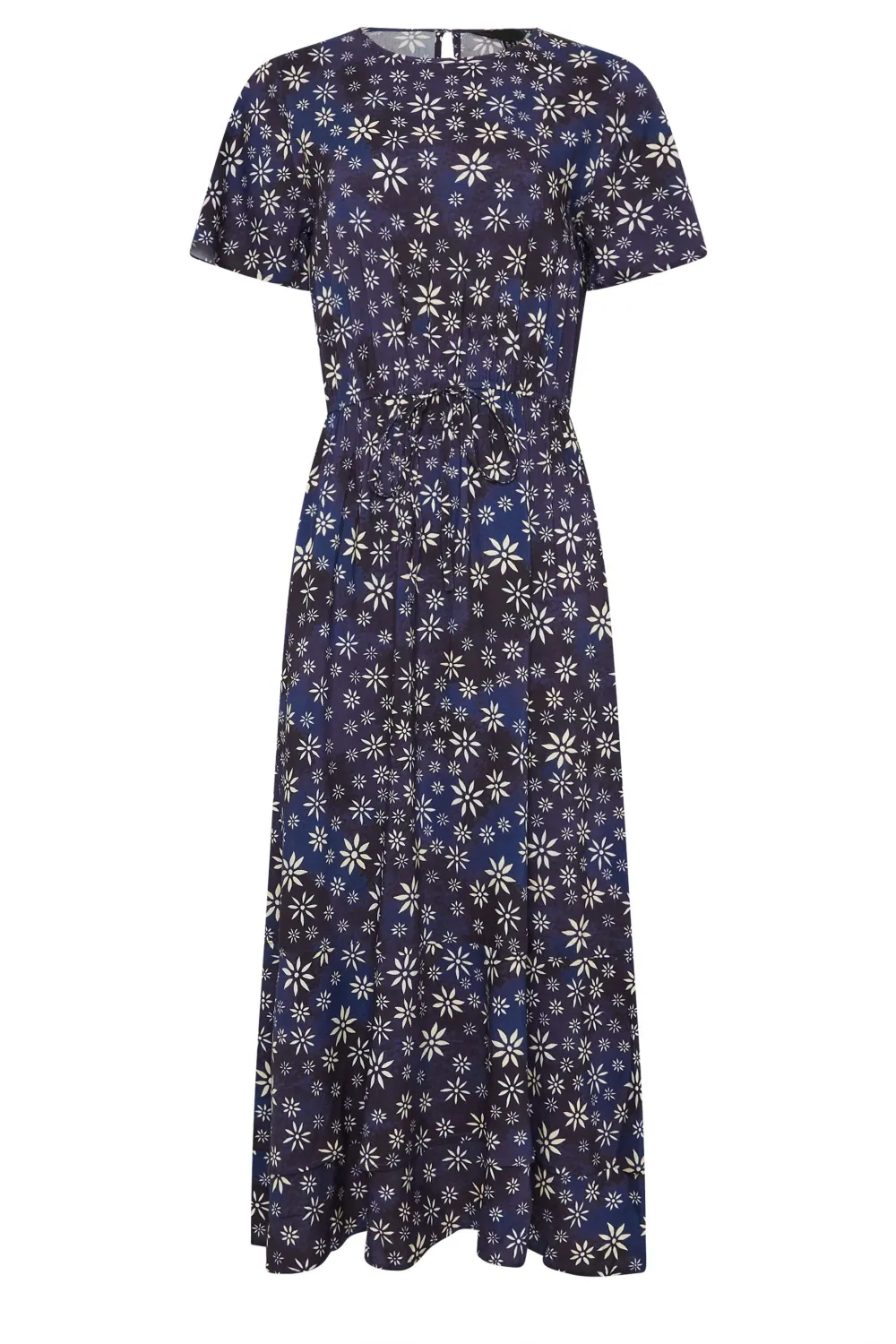 Casual Style Navy Blue Ditsy Floral Tie Waist Dress